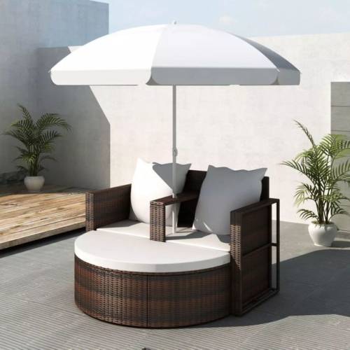 Casa Practica - Pat de grădină cu umbrelă de soare, maro, poliratan