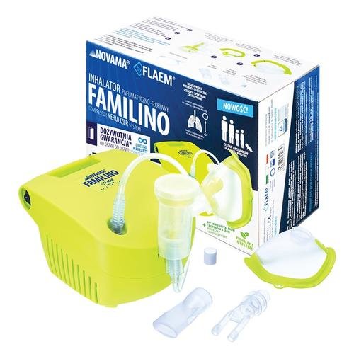 Aparat aerosoli Novama Familino by Flaem, Nebulizator cu compresor, 2 Moduri de nebulizare, Dimensiuni particule reglabile, Masca copii si adulti, Fara ftalati si BPA (Verde)
