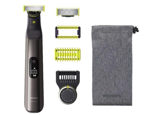 Aparat hibrid de barbierit Philips OneBlade Pro QP6551/30, Pieptene cu 14 lungimi, Lama inovatoare 360 cu 2 taisuri, Afisaj digital LED, Autonomie 120 min, Umed si uscat (Crom)