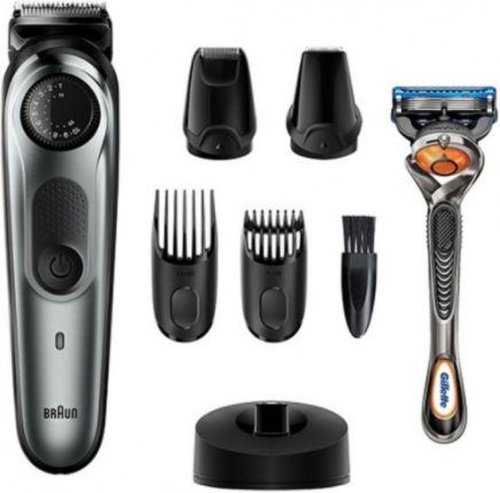 Aparat tuns barba Braun BT 7240, 39 setari de lungime, 0.5 – 20 mm, Autonomie 100 min, Lavabil + Aparat de ras Gillette Fusion5 ProGlide cu tehnologia Flexball (Negru/Gri)
