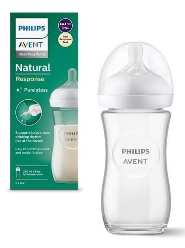 Biberon din sticla Philips Avent Natural Response SCY933/01, 240 ml, Debit 3, Tetina fara scurgeri, +1 luni, Fara BPA (Alb/Transparent)
