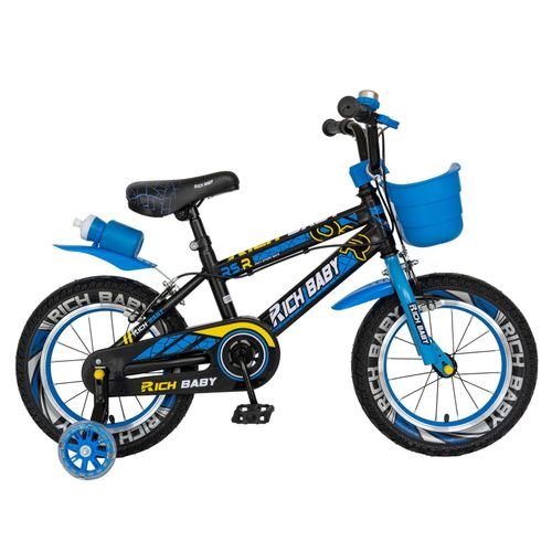 Bicicleta Copii RICH BABY R14WTB, roti 14inch, roti ajutatoare, 3-5 ani, cosulet (Negru/Albastru)