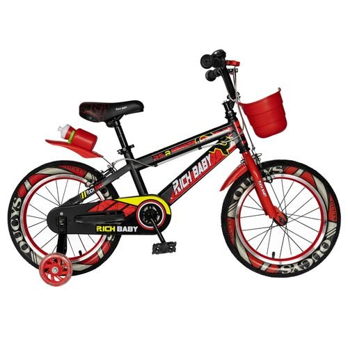 Bicicleta Copii RICH BABY R16WTB, roti 16inch, roti ajutatoare, 4-6 ani, cosulet (Negru/Rosu)