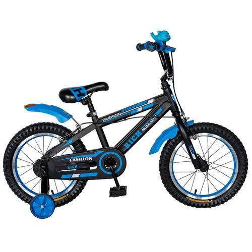 Bicicleta Copii Rich Baby T1602C, roti 16inch, frane C-Brake, roti ajutatoare, 4-6 ani (Negru/Albastru)