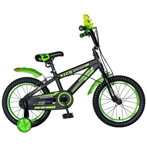 Bicicleta Copii Rich Baby T1602C, roti 16inch, frane C-Brake, roti ajutatoare, 4-6 ani (Negru/Verde)