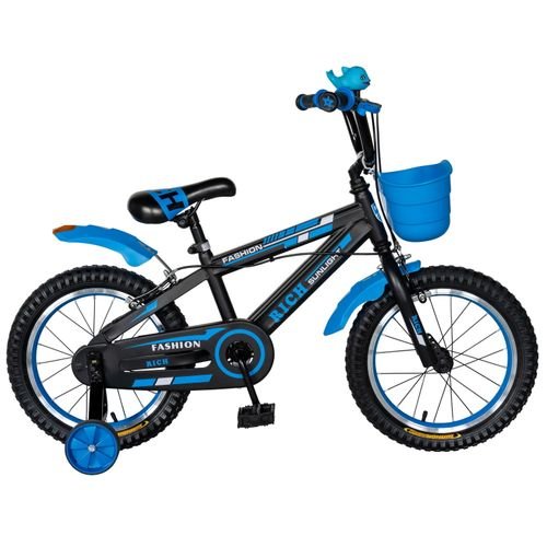 Bicicleta Copii Rich Baby T2002C, roti 20inch, frane C-Brake, 7-10 ani, roti ajutatoare, cosulet (Negru/Albastru)
