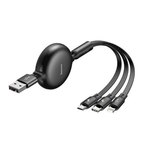 Cablu de date Baseus Little Octopus USB 3 in 1, MicroUSB, Lightning,Type-C, 1.2m, 3.5A, retractabil (Negru)