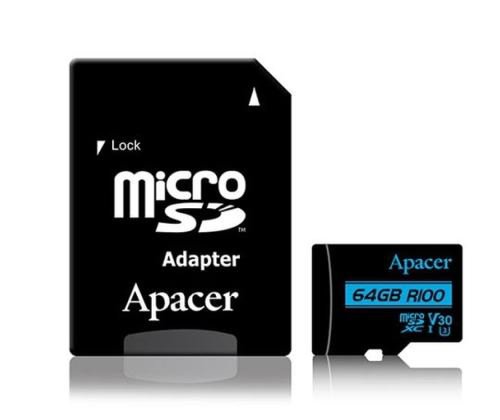 Card de memorie Apacer microSDXC, 64 GB, UHS-I U3, Class 10, V30 + Adaptor SD