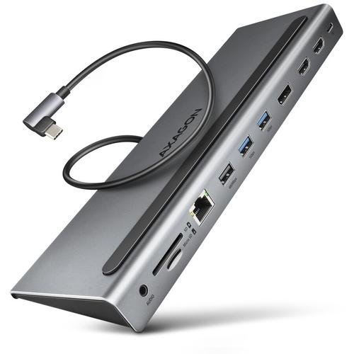 HUB USB Axagon HMC-4KX3, Triple 4k Display, Superspeed USB-c, 2 HDMI, DP, GLAN, 3 USB-A, PD, card reader, audio out, carcasa metalica (Argintiu)