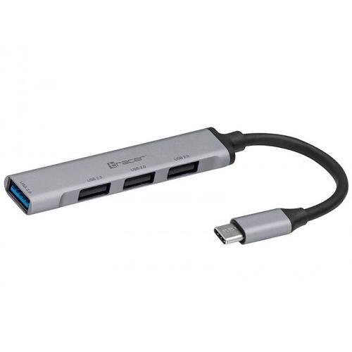 HUB USB H40, TRACER, Aluminiu, 4 porturi, 1 x USB 3.0, 3 x USB 2.0, Cu USB-C (Gri/Negru)