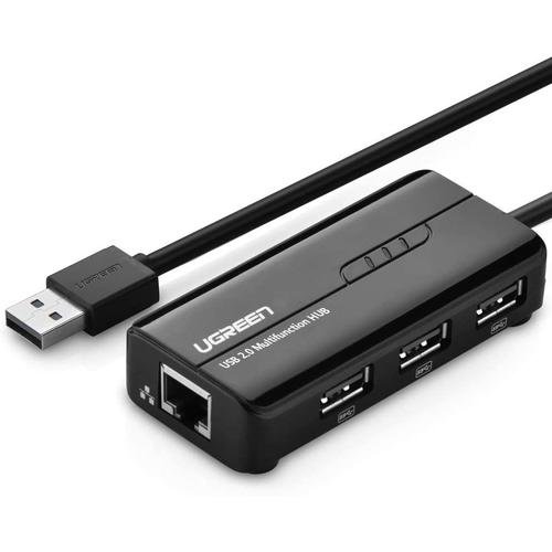 HUB USB Ugreen 20264, USB 2.0 tata la port RJ-45 10/100 Mbps, USB 2.0 x 3, led (Negru)