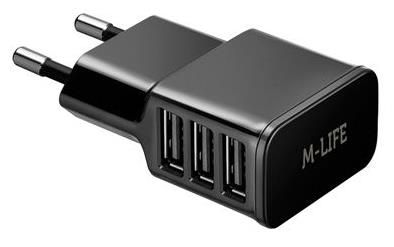 Incarcator Retea M-Life, 3 X USB, 3A MAX (1A+1A+2A) (Negru)