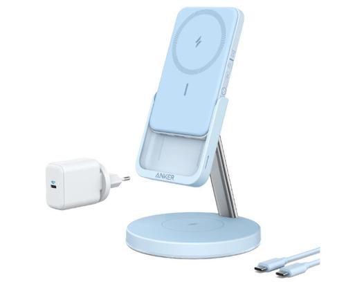 Incarcator wireless magnetic Anker 633, MagGo 2 in 1, cu baterie externa detasabila, pentru Apple iPhone 12/13 (Albastru)