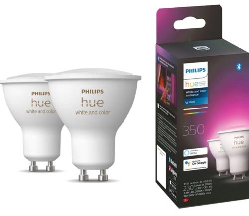 Pachet 2 becuri LED RGB inteligente Philips Hue, Bluetooth, Zigbee, GU10, 5W (35W), 350 lm, lumina ambianta alba si color