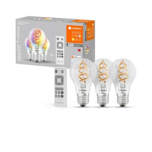 Pachet 3 Becuri LED RGB inteligente Ledvance SMART+ WiFi Filament Multicolour A, E27, 4.5W (30W), 300 lm, lumina alba si color (2700K) + Telecomanda