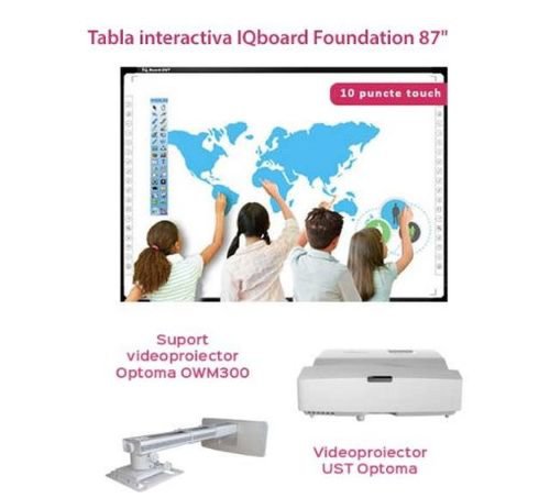 Pachet interactiv IQboard Foundation UST 87inch - Innovative Teaching: tabla interactiva IQboard Foundation 87inch + videoproiector Optoma X330UST + suport Optoma OWM3000 + software in limba romana