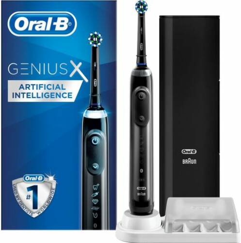 Periuta de dinti electrica Oral-B Genius X, 40000 pulsatii/min, 8800 oscilatii/min, Inteligenta artificiala, Curatare 3D, 6 programe, 1 capat, Bluetooth, Trusa de calatorie cu port USB (Negru)