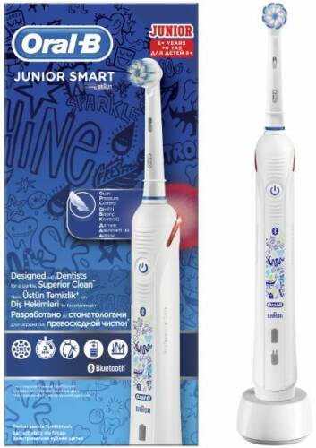 Periuta de dinti electrica Oral-B Junior Smart 6+ ani, 9900 rpm, Curatare 3D, Bluetooth, 3 Programe, 1 Capat (Alb)