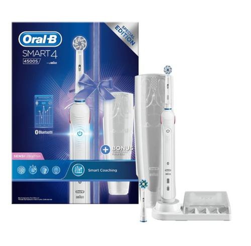 Periuta de dinti electrica Oral-B Smart 4 4500S Sensi Ultrathin, 40000 pulsatii/min, 8800 oscilatii/min, Curatare 3D, 3 programe, 2 capete, Bluetooth,Trusa de calatorie (Alb)