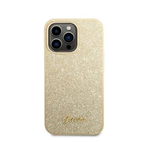 Protectie Spate Guess Glitter Flakes Script Metal Logo pentru Apple iPhone 14 Pro (Auriu)