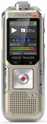 Reportofon digital Philips DVT6510, 8 GB, FM, sensor miscare, slot MicroSD, LCD, 3 microfoane, telecomanda wireless, plug & play, carcasa din metal, adaptor XLR (Auriu/Gri)