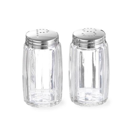 Set 2 recipiente din sticla pentru sare si piper cu suport din inox
