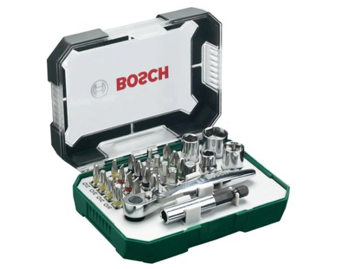 Set 26 accesorii Bosch, biti, suport universal, 4 chei tubulare, adaptor chei tubulare, cheie clichet