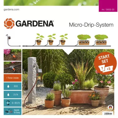 Set micro-irigare Gardena M-13002, pentru Udarea a 7 Ghivece de plante si 3 Jardiniere, cu acumulator