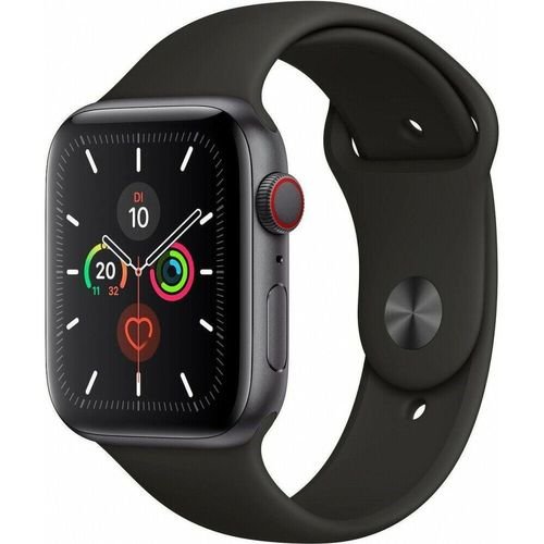 Smartwatch Apple Watch 5 Cellular, LTPO OLED Capacitive touchscreen 1.78inch, Bluetooth, Wi-Fi, 4G, GPS, Bratara silicon 40mm, Carcasa Aluminiu, Rezistent la apa si praf (Negru)