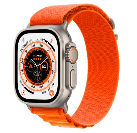 Smartwatch Apple Watch Ultra Cellular, ecran LTPO OLED, Bluetooth, Wi-Fi, GPS, Bratara textil L 49mm, Carcasa titanium, Rezistent la apa 10 ATM (Portocaliu)