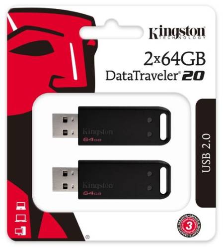 Stick USB Kingston DT20, 64GB, USB 2.0, 2 buc. (Negru) 