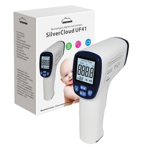 Termometru digital SilverCloud UF41, tehnologie infrarosu, non-contact, atentionare vocala (Alb)