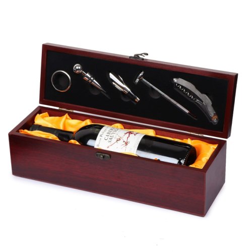 Tenq.ro - Cutie din lemn cu 5 accesorii pentru vin, culoare cires
