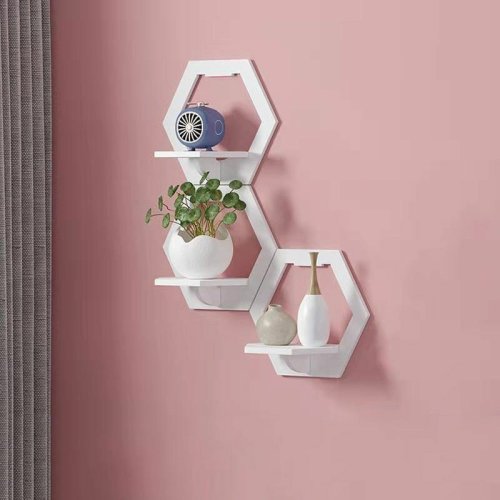 Tenq Rs - Set 3 rafturi decorative in forma de hexagon, alb