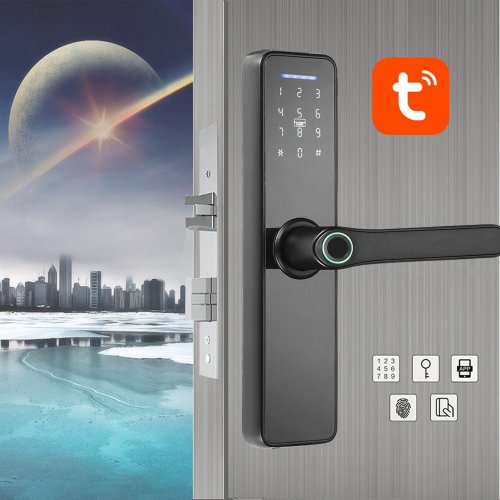 Tenq Rs - Yală incuietoare inteligenta, control și monitorizare prin aplicație tuya, wifi, cititor amprentă, panou touch iluminat, alarmă, sonerie, nfc, card magnetic, parolă