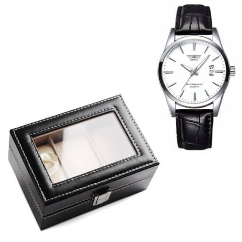 Pachet cutie caseta eleganta depozitare cu compartimente pentru 3 ceasuri + 1 ceas barbatesc elegant SLIM SUITS STYLE alb