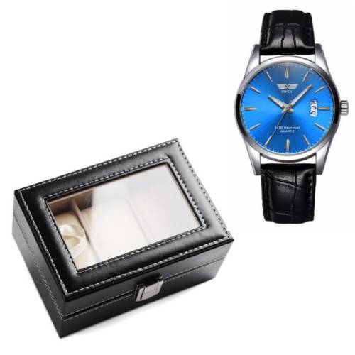 Pachet cutie caseta eleganta depozitare cu compartimente pentru 3 ceasuri + 1 ceas barbatesc elegant SLIM SUITS STYLE albastru
