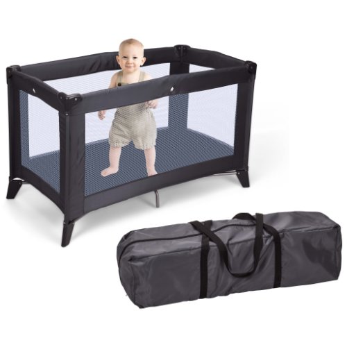 Home&Styling Pătuț de copil pliabil cu saltea, gri închis
