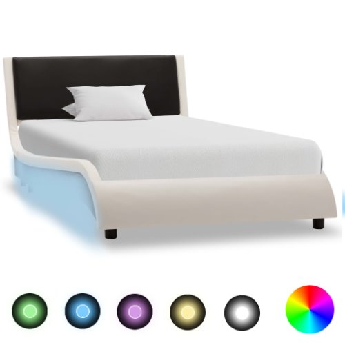 vidaXL Cadru de pat cu LED, alb și negru, 90 x 200 cm, piele ecologică