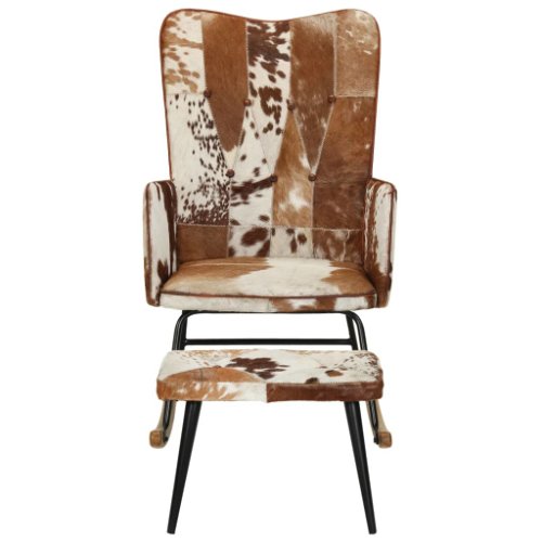 Vidaxl scaun balansoar cu taburet, maro, piele naturală