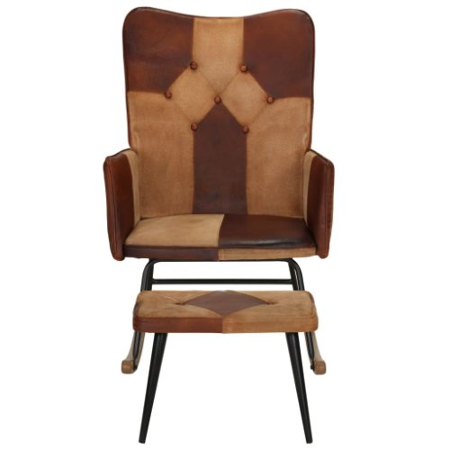 Vidaxl scaun balansoar cu taburet, maro, piele naturală și pânză