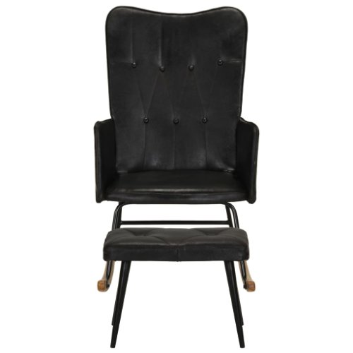 Vidaxl scaun balansoar cu taburet, negru, piele naturală