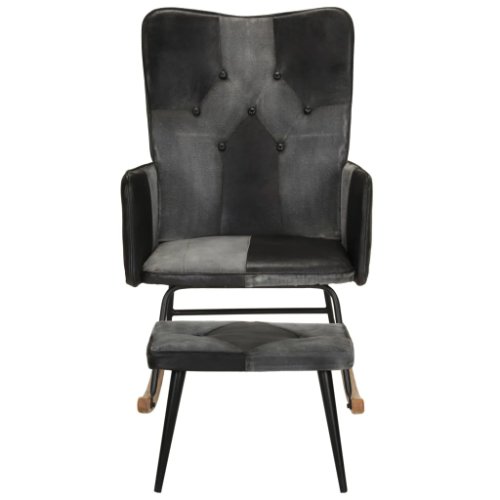 Vidaxl scaun balansoar cu taburet, negru, piele naturală și pânză