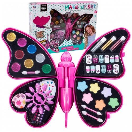 Trusa de machiaj MalPlay cu farduri,luciu,si accesorii unghii pentru fetite in forma de fluture , Roz