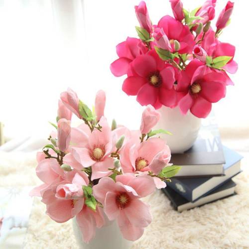 Neer - Buchet de 3 flori artificiale de magnolie, flori pentru decoratiunile de nunta si de locuinte