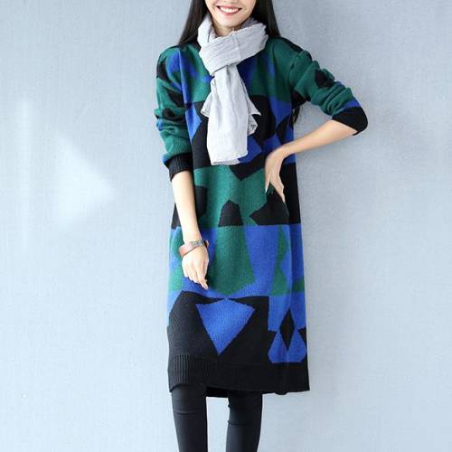 Neer - Rochie pulover cu blocuri colorate, pana la genunchi, cu maneci lungi
