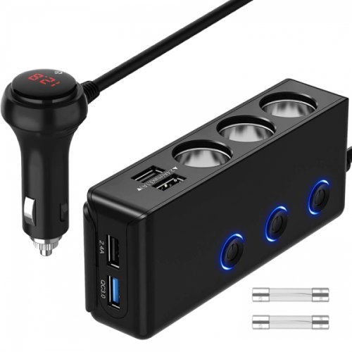 Adaptor priza auto multisocket 120W 3x soclu auto 4x port USB 12-24V Quick Charge 3.0 afisaj display voltaj siguranta 10A negru