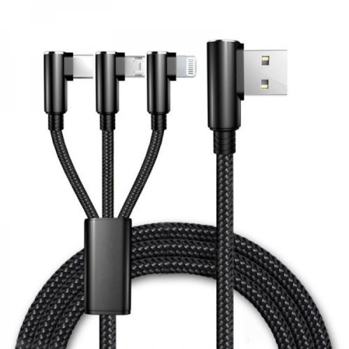 Cablu de incarcare 3 in 1 cu unghi de 90 grade Micro USB Lightning pentru iPhone USB Type-C 1.5 metri negru