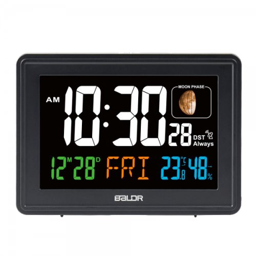 Ceas desteptator BALDR cu alarma si buton snooze pentru noptiera sau perete cu termometru higrometru faze lunare calendar ora de vara/iarna negru