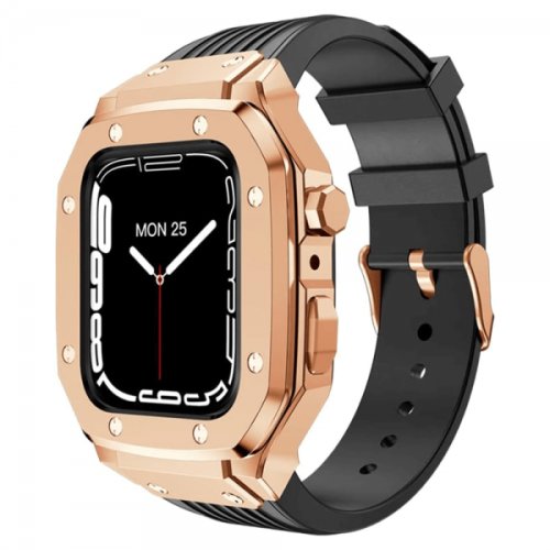 Curea din silicon pentru Apple Watch 7/ Apple Watch 8 de 45mm cu carcasa metalica rose gold